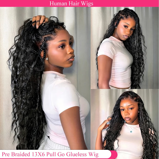 Glueless Knotless Braided Wigs Water Wave 13x6 HD Lace Human Hair Frontal Wigs Pull Go Gluless Wigs Human Hair With Drawstring