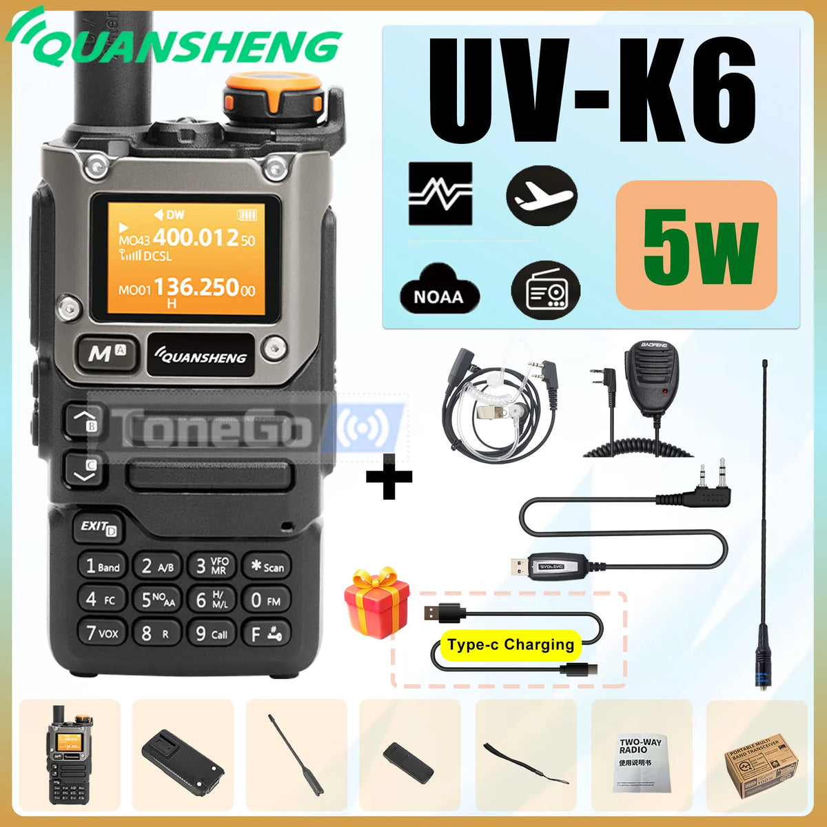 Quansheng UV-K6 Walkie Talkie 5W AM FM 50-600MHz USB-C Direct Charge NOAA Weather Multi Band UV-K58 UV-K5(8) Two Way Radio