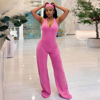 Casual sports faux washed printed headband paired with backless flared jumpsuit