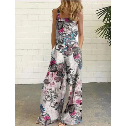 Women Summer Loose Printed Jumpsuits Sleeveless Bib Overalls Siamese Button Wide Leg Pants Long Trousers Female Fashion Clothing