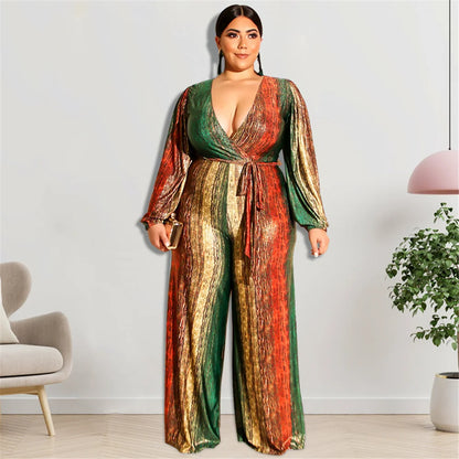 New Plus Size Women Jumpsuits Elegant V Neck Long Sleeve Rompers Office Lady Straight One Piece Outfits Wholesale Drop Shipping