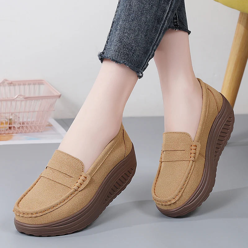 Ngouxm Women Flat Platform Loafers Ladies Elegant Suede Leather Moccasins Shoes Woman Slip On Moccasin Women's Casual Shoes