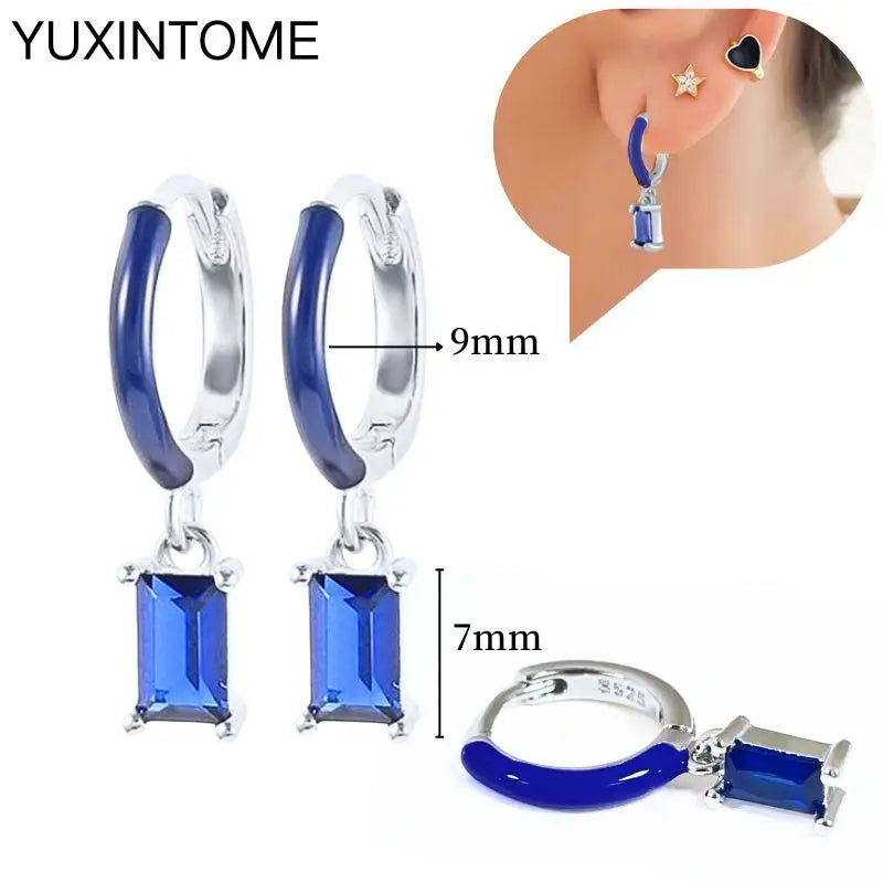 925 Sterling Silver Needle Dark Blue Crystal Silver Earrings Women's Exquisite Heart Blue Pendant Hoop Earrings Luxury Jewelry