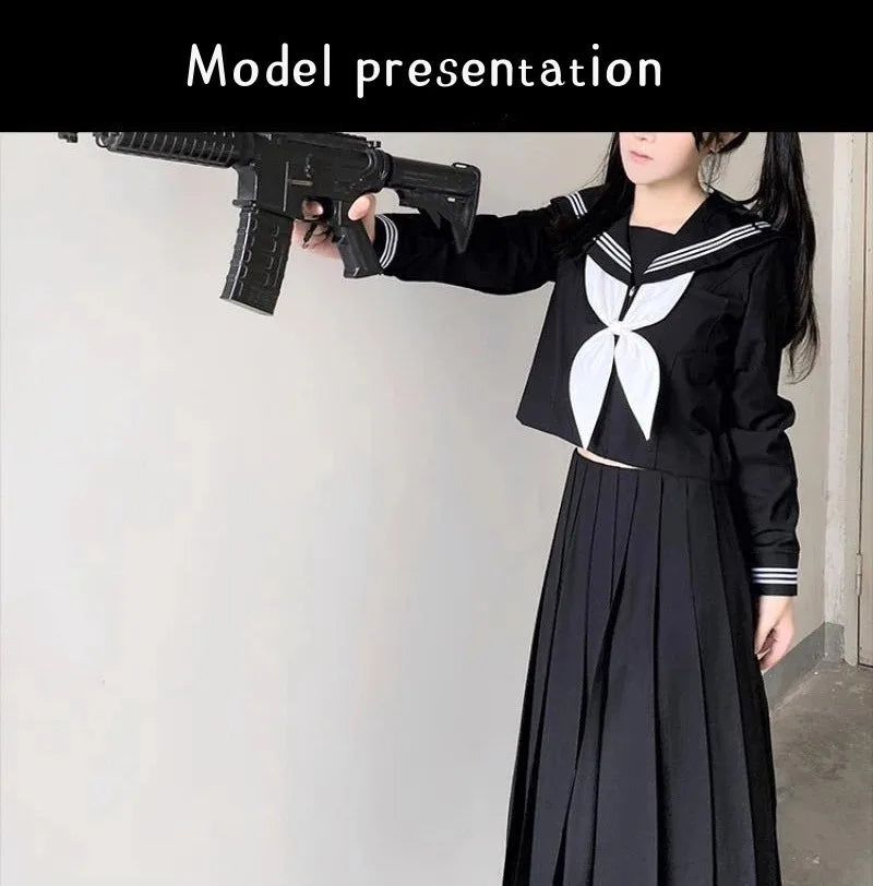 Japanese School Uniforms Student Style Girls Navy Costume Women Sexy Black JK Long Dress Suit Sailor Blouse Pleated Skirt Set