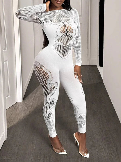 FHSEER Women's Sexy Jumpsuit Sheer Mesh Long Sleeve Hollow Out Bodycon High-Waist Stretchy Club Party Date Night Out Outfit