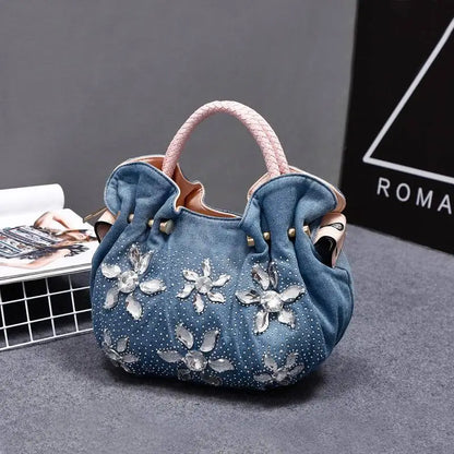 New Luxury Women Denim Bags Sweet Blue Pattern High Quality Handbags With Purses Diamond Ladies Tote Bag Messenger Bags
