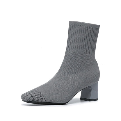 Black Square Toe Knit Sock Boots Elastic Slim Thick Block Heel High Heels Short Boots Fashion Autumn Casual Skinny Ankle Boots