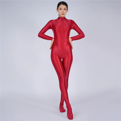 Sexy Women Yoga Shaper Tight Wear Oil Glossy Shiny Elastic Bodysuit Sheer See Through Rompers Jumpsuits Candy Color