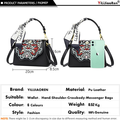 Fashion Embroidery Shoulder Bag Women Designer High Quality Leather Handbag Purse Ladies Small Crossbody Messenger Bag Female