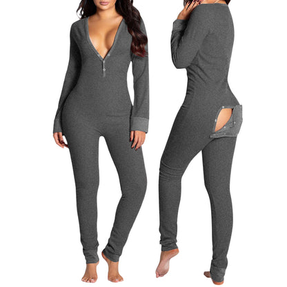 Combhasaki Women Sleeping Rompers Pajamas  Long Sleeve V-Neck Printed Slim Detachable Crotch Elastic Homewear Jumpsuits