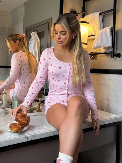 Ahagaga Fashion Women's Playsuits Print Regular Long Sleeves O-Neck Skinny Slim Fit Buttons Causal Sleepwear Female Rompers