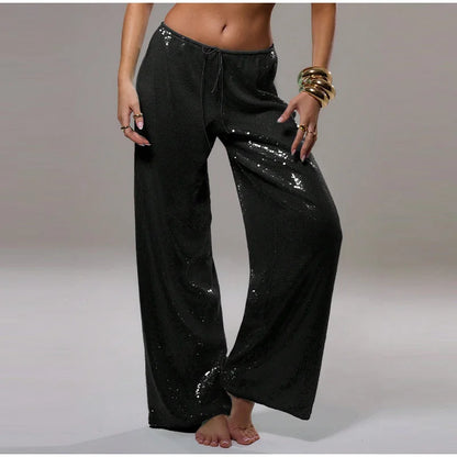 Women Solid Sequined Straight Pants Loose High Waist Wide Leg Trousers Lady Summer Chic Y2K High Street Pants
