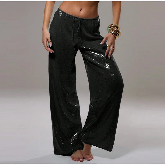 Women Solid Sequined Straight Pants Loose High Waist Wide Leg Trousers Lady Summer Chic Y2K High Street Pants