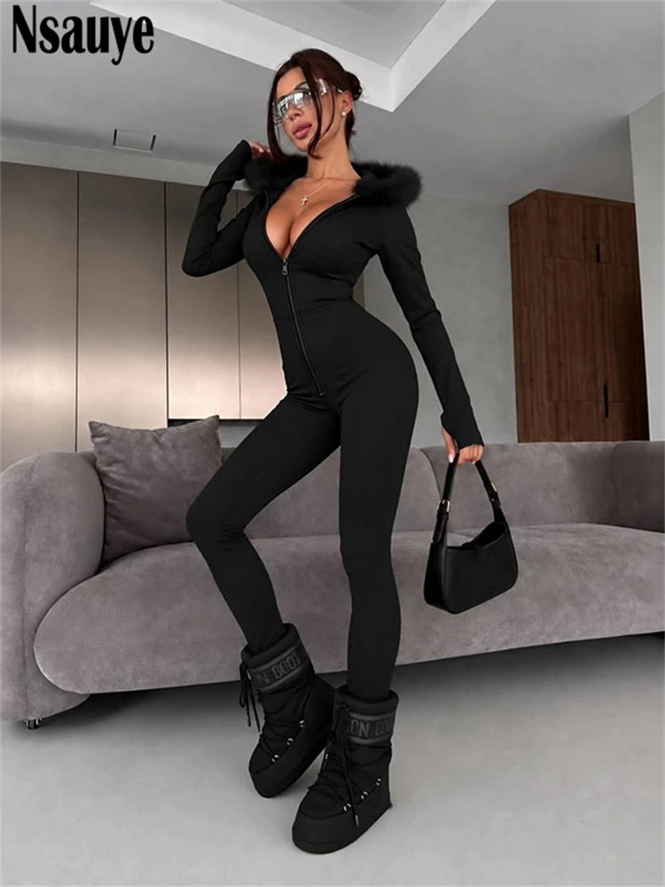 Nsauye Jumpsuits Women Long Sleeve Pullover Faux Fur Hoodies Skinny One Pieces Overalls Sexy Clubwear Sport Y2K Jumpsuit Rompers