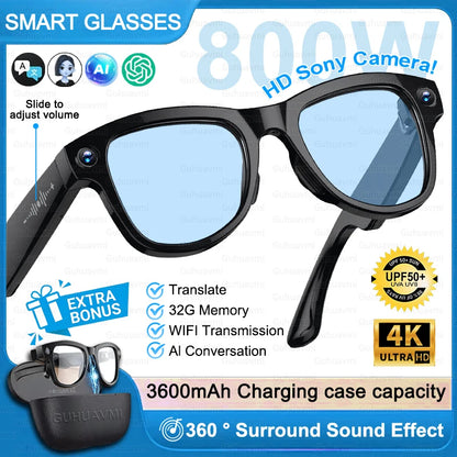 AI Smart Glasses 4KHD Camera 3600mAh Charging Case 120+Language Translation Bluetooth Call Music Sunglasses Outdoor Color Change
