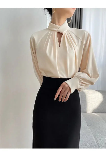 Women's Korean Fashion Hollow Ruffled Elegant Blouse Office Lady Stand Collar Business Casual Shirt Long Sleeve Solid Loose Tops