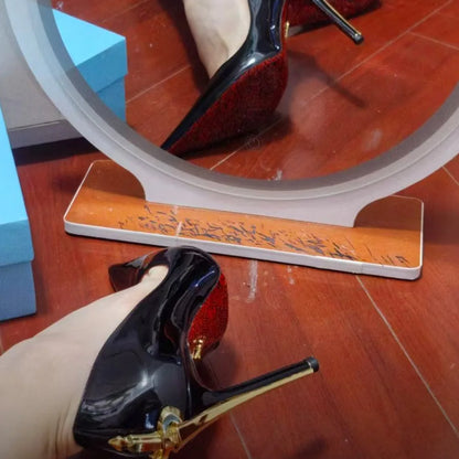 Early Spring New Women's High Heels, Slim Heels, Pointed Metal Sword, sexy Ladies, Black Patent Leather Single Shoes