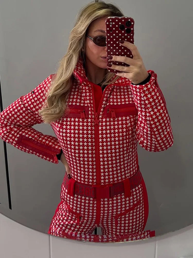 Thicken Print Cotton Jumpsuits Women High Neck Long Sleeves Zipper Belts Warm Skiwears Female 2026 Winter New Chic Ski Jumpsuit