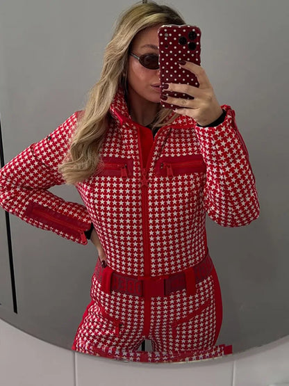 Thicken Print Cotton Jumpsuits Women High Neck Long Sleeves Zipper Belts Warm Skiwears Female 2026 Winter New Chic Ski Jumpsuit