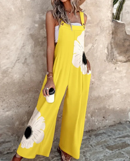 Summer Fashion Thick Strap Jumpsuits for Women Vintage Floral Printed Off Shoulder Wide Leg Loose Straight Jumpsuit with Pocket