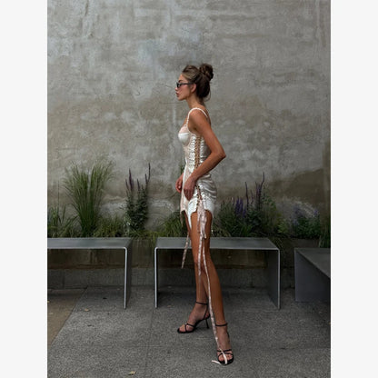 Women Satin Dress Sexy Lace Fishbone Waist Slim Fit Hollowed Out Irregular Short Suspender 2026 Summer Party Street Daily Outfit