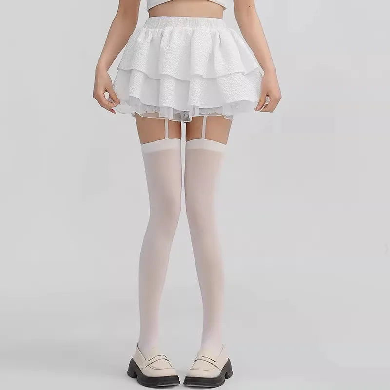 2026 Women Suspender Wide-banded Velvet Tights Lolita Thigh High Stockings with Cross Y2K JK Cosplay Over The Knee Sockings