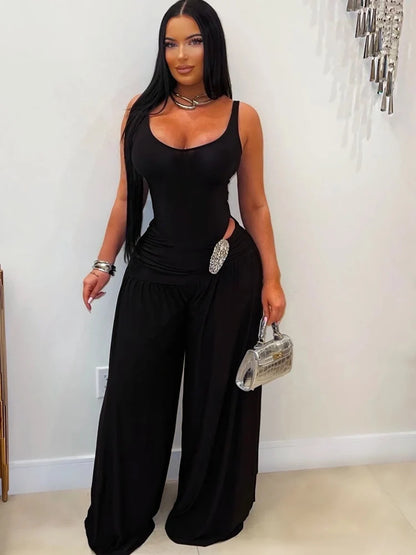 Kricesseen Sexy Ruched Waist Jumpsuits for Women Solid Sleeveless Wide Leg Long Pants Celebrity Party Clubwear Rompers