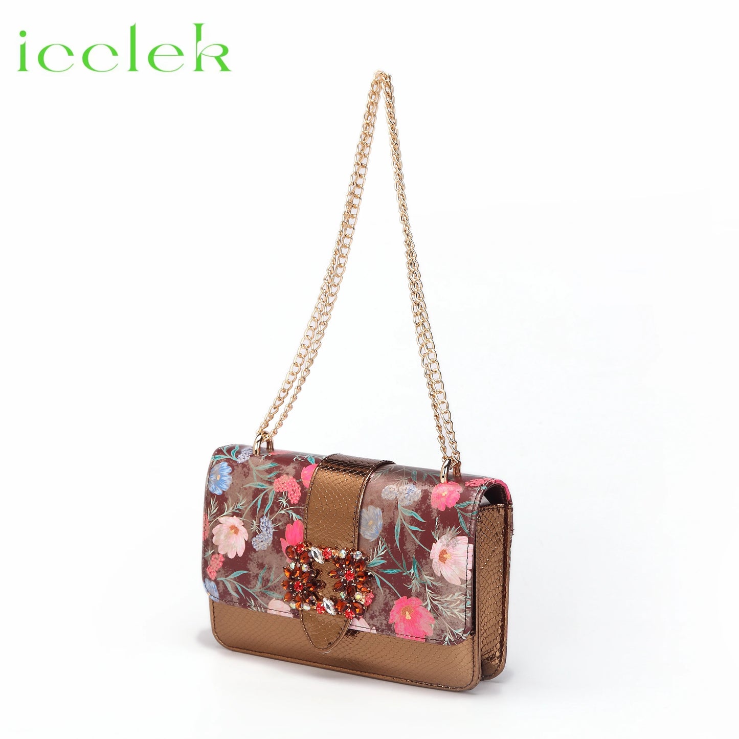Newest Green Color Print Design High Heels Decorated with Water Rhinestone Party Women's Shoes and Bags Set