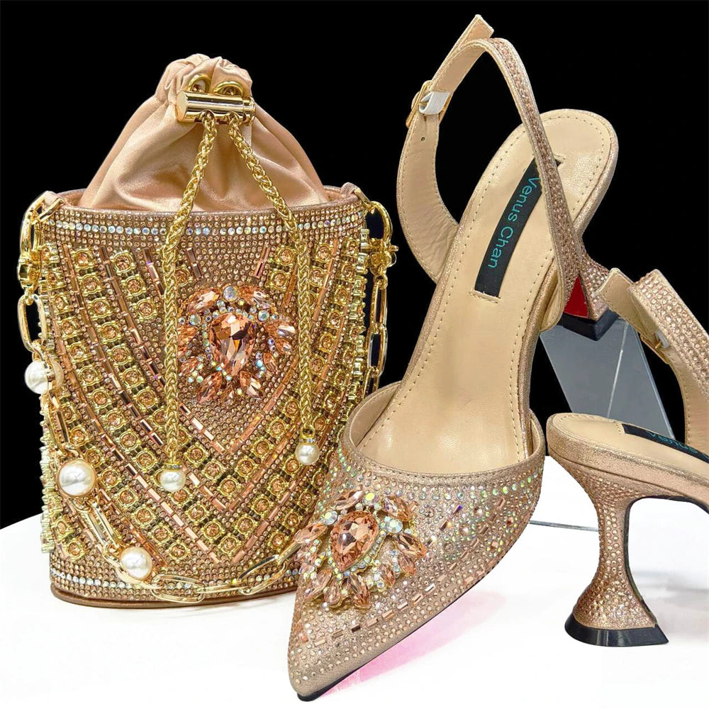 Venus Chan Italian Shoes and Bags Matching Set 2024 Nigerian Heel Party for Women Orange Colour Italian Design Wedding INS 2024