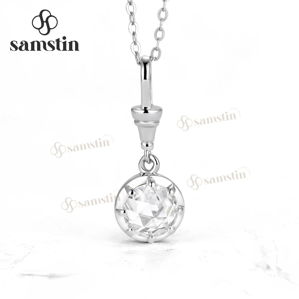 Samstin 1CT Rose Cut Moissanite Custom Necklace for Women Solid 14K 10K White Gold Engagement Necklace for Christmas Gifts Party