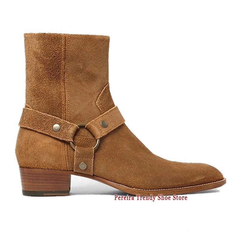 Autumn Winter Retro Chelsea Boots for Men Metal Ring Suede Leather Pointed Toe Short Boots British Style Trendy Men's Shoes