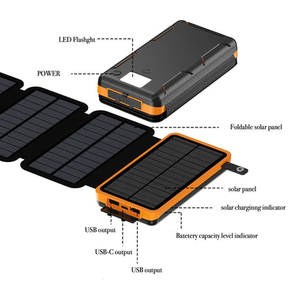 30000mAh Solar Power Bank Flip Panel Large Capacity IOS/Android USB Fast Charge Dual Charging Solar/Type-C Portable for Camping