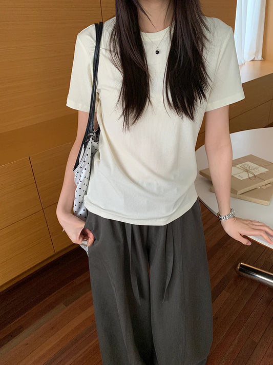 RZIV Summer women's casual solid color round neck short sleeved T-shirt