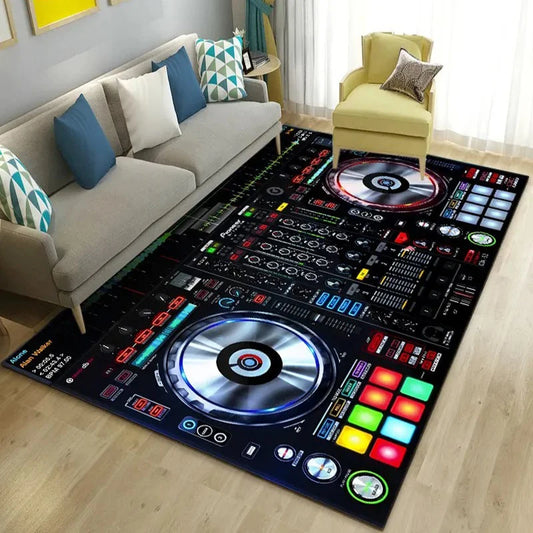 DJ Turntable Themed Large Area Rug, Colorful Mixer Console Motifs, Trendy Living Room Carpet, Varied Design Floor Cover