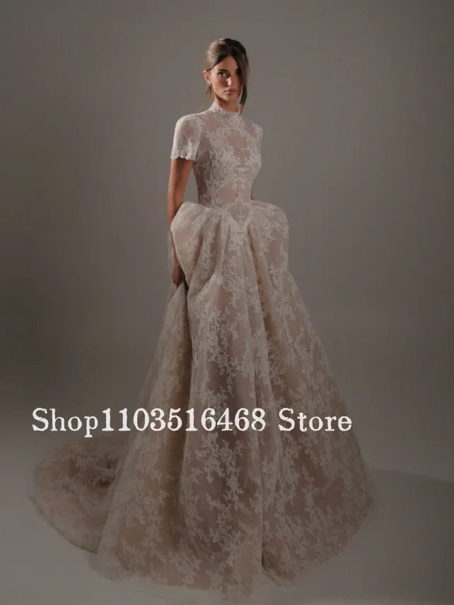 Light Champagne Short-Sleeve Lace Wedding Dress Customized Bohemian Open-Back Bridal Gown Formal Evening Gown Engagement Dress