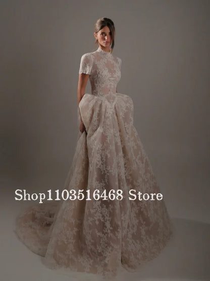 Light Champagne Short-Sleeve Lace Wedding Dress Customized Bohemian Open-Back Bridal Gown Formal Evening Gown Engagement Dress