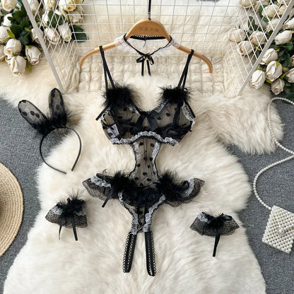Women Lace Patchwork Velour Strappy Catsuits Fashion One Piece Combination Rompers Erotic Fashion Sexy Bunny Bodysuits Cosplay