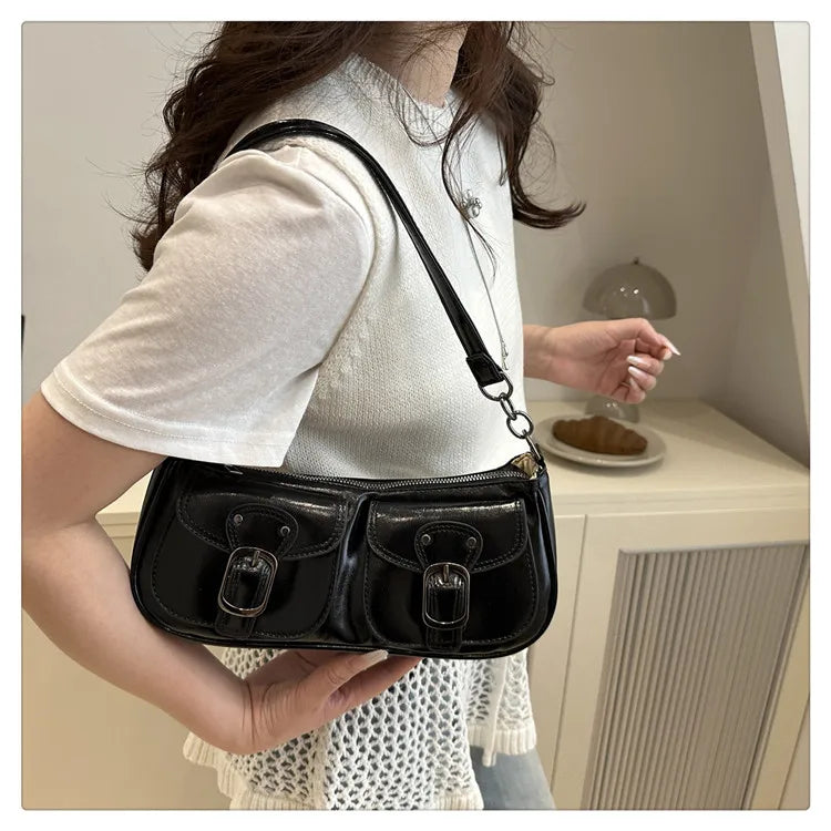Fashion Pu Leather Women's Shoulder Bag Small Double Pocket Design Ladies Underarm Bags Y2k Vintage Female Handbags Clutch Purse