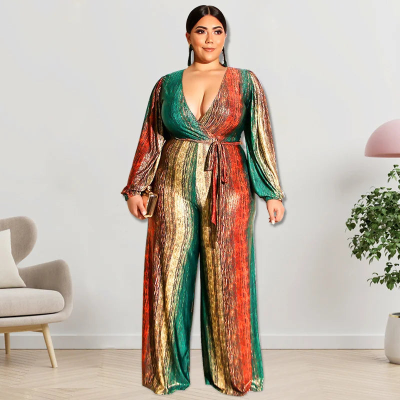 New Plus Size Women Jumpsuits Elegant V Neck Long Sleeve Rompers Office Lady Straight One Piece Outfits Wholesale Drop Shipping