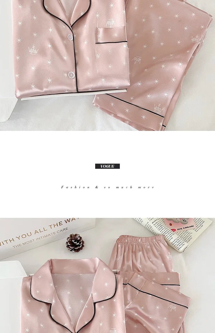 Japanese-Style Cute Girl Star Print Ice Silk Nightwear Women's Spring and Autumn Long-Sleeved Long Pants Homewear Actual Photo