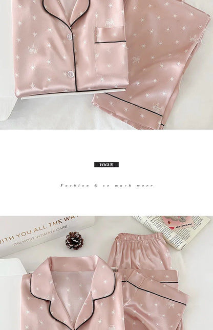 Japanese-Style Cute Girl Star Print Ice Silk Nightwear Women's Spring and Autumn Long-Sleeved Long Pants Homewear Actual Photo