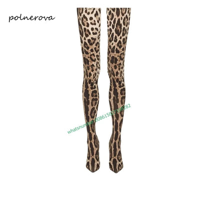 Leopard Over The Knee Boots Tight Fitting Pointy Thin Heels Slip-On Sexy Runway Show Fashion Party Pubs Shoes for Women Newest