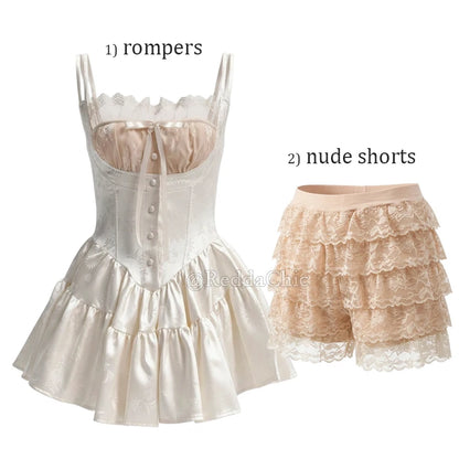 ReddaChic Mini Cami Dress with Built-in Shorts Spaghetti Straps Glossy Floral Women Satin Rompers One Piece Puffy Pants Party