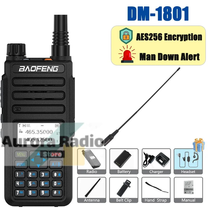 Baofeng DM-1801 DMR Walkie Talkie AES256 Man Down VHF UHF Digital & Analogy Dual Time Slot Roaming Recording 1024 Channel Radio