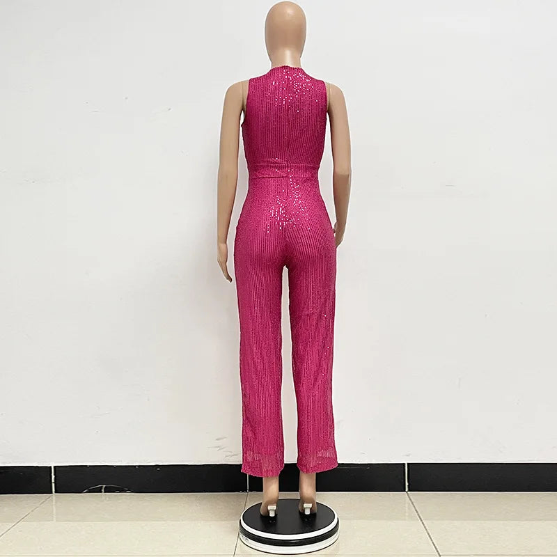 Bling Bling Sequined Club Jumpsuit Sexy Women O-neck Elegant Shiny Sliver Gold Sequins Straight Romper Overalls