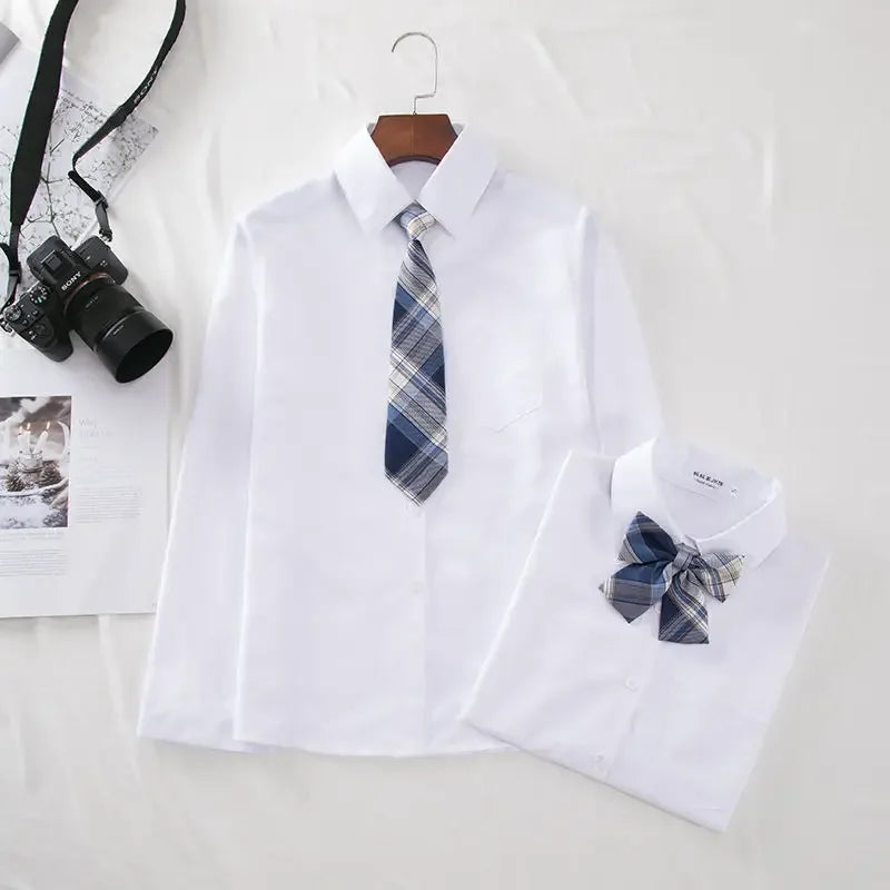 New Hot 2025 XS-3XL Women's Summer V Neck Long Sleeve Slim Casual White Shirt Tops Blouses For JK School Uniform Student Clothes
