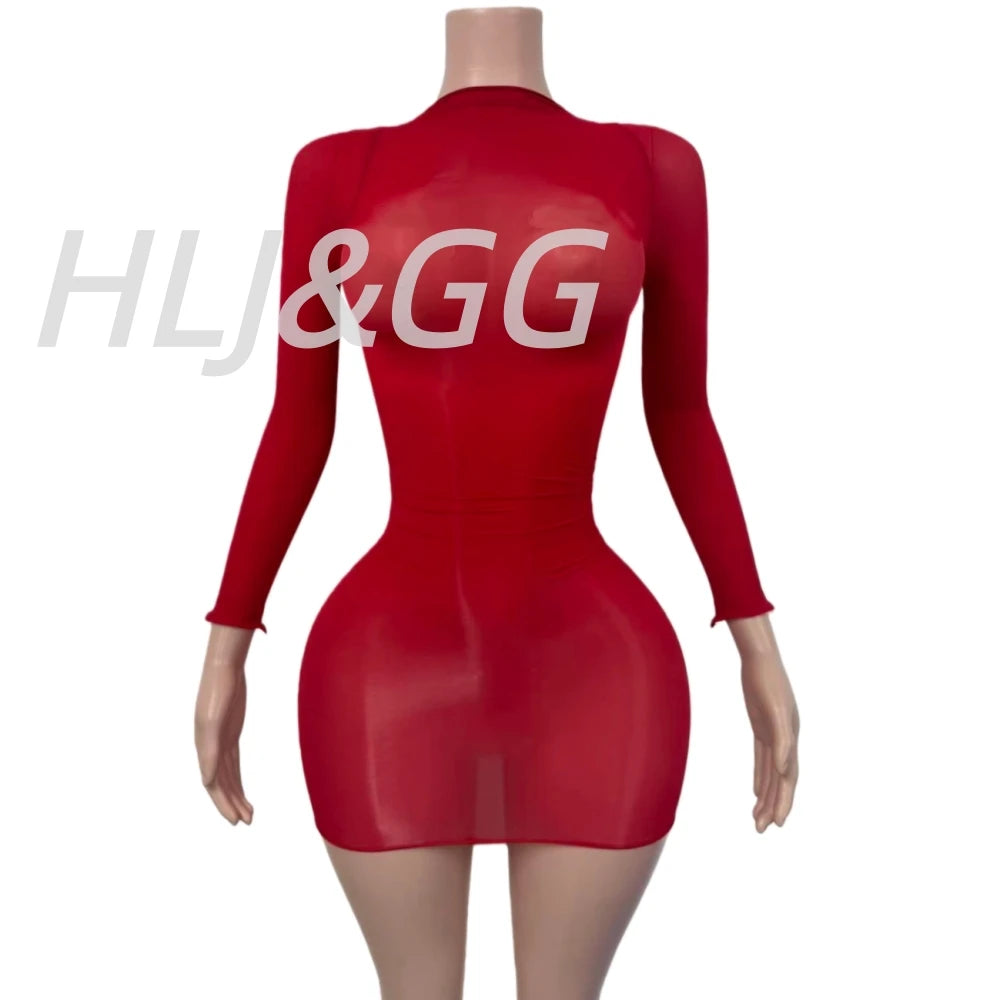 HLJ&GG Sexy Mesh See Through Bodycon One Piece Jumpsuits Women O Neck Long Sleeve Stretchy Overall Lady Party Clubwear Playsuits