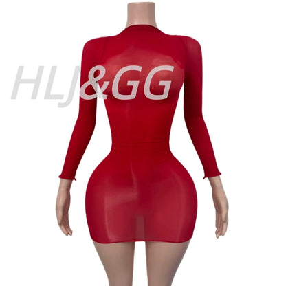 HLJ&GG Sexy Mesh See Through Bodycon One Piece Jumpsuits Women O Neck Long Sleeve Stretchy Overall Lady Party Clubwear Playsuits