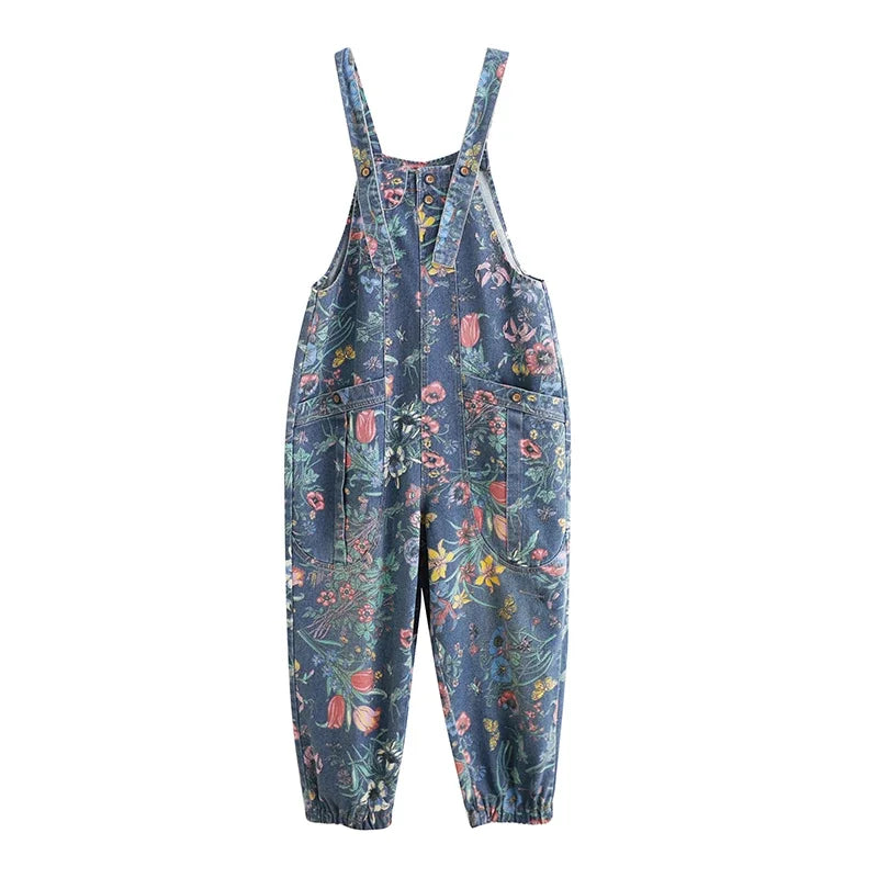 Casual Streetwear Print Floral Denim Jumpsuit Woman Loose Baggy Wide Leg Pants Rompers Big Size Pockets Straps Jeans Overalls