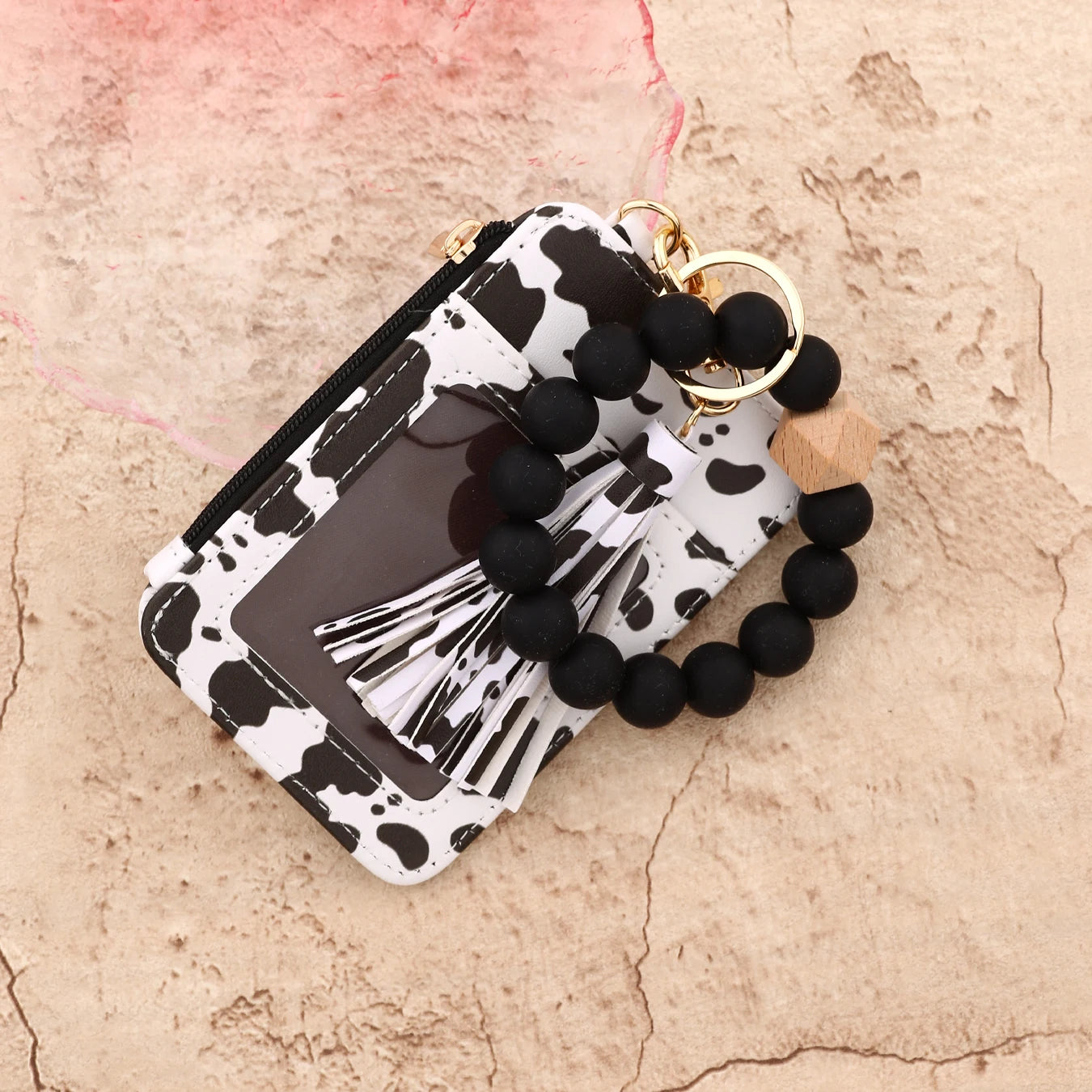2025 Silicone bead pu leather key chain wristlet id credit card holder keychain wallet for women with bangle bracelet